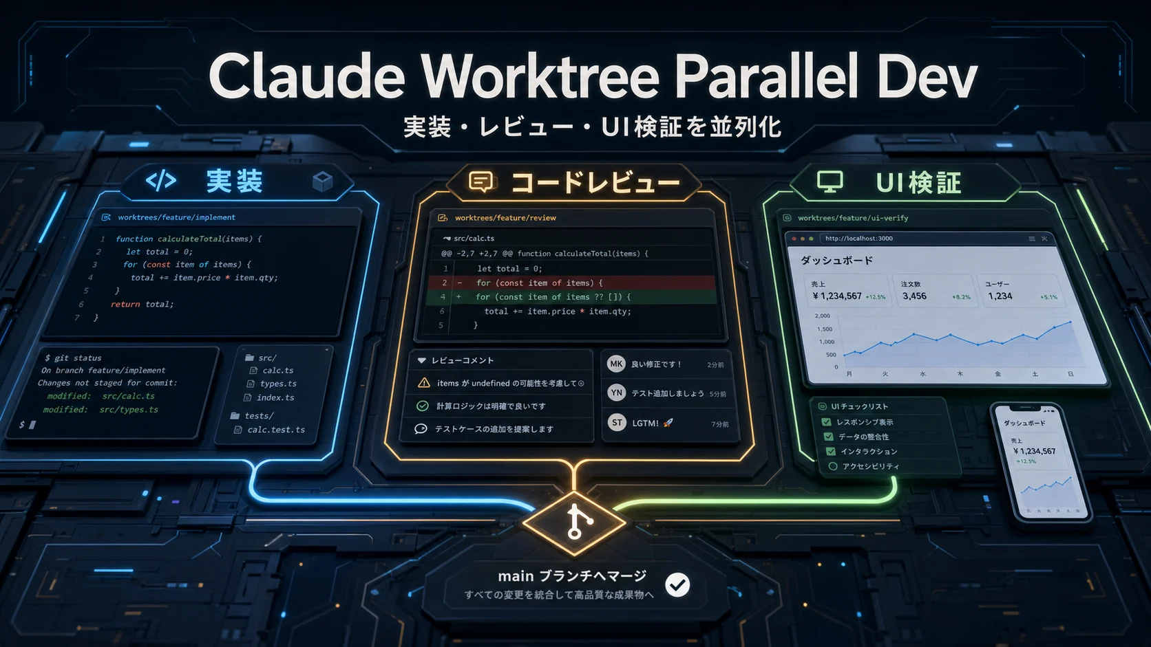 Claude Worktree Parallel Dev: 実装・レビュー・UI検証を並列化