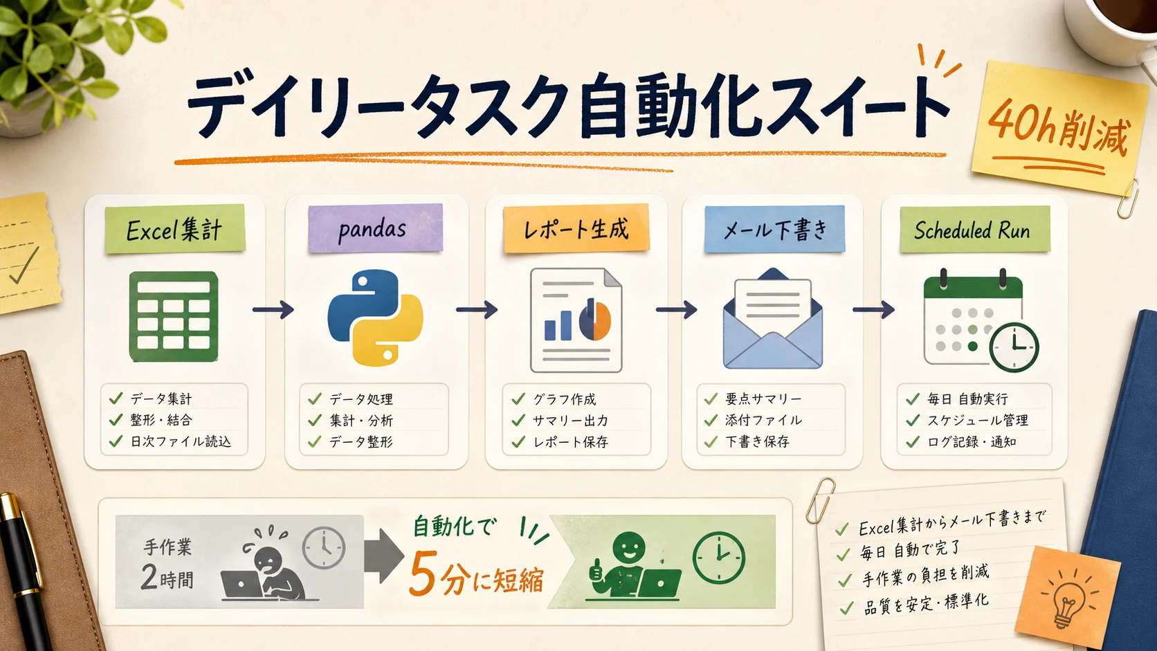デイリータスク自動化スイート: 集計からレポート生成まで自動化